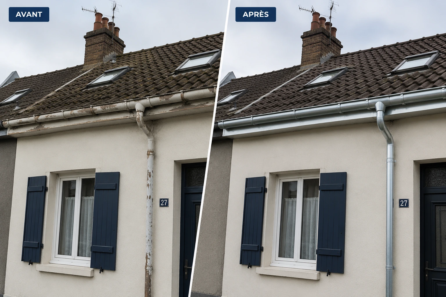 Avant après rénovation de gouttière et descente pluviale sur une maison