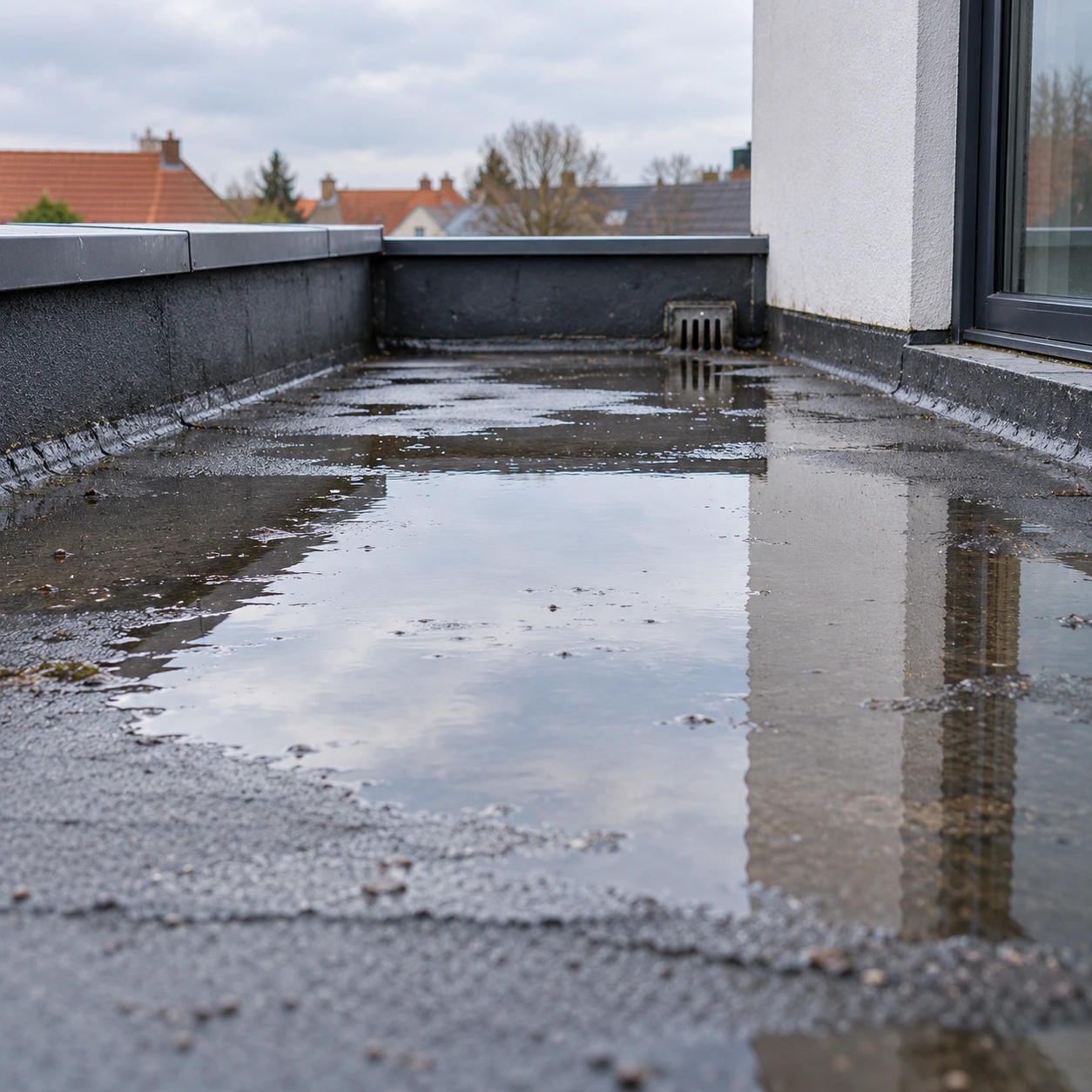 Flaque d’eau stagnante sur une toiture plate après la pluie