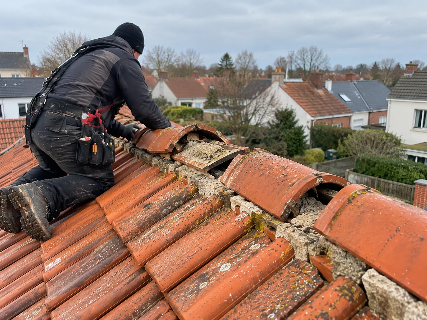Couvreur réparant des tuiles faîtières déplacées sur une toiture à Calais