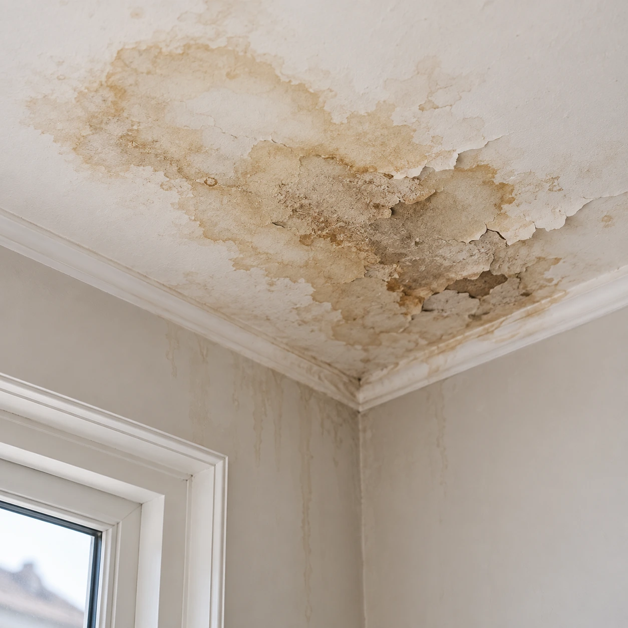 Tache d'humidité et peinture décollée au plafond
