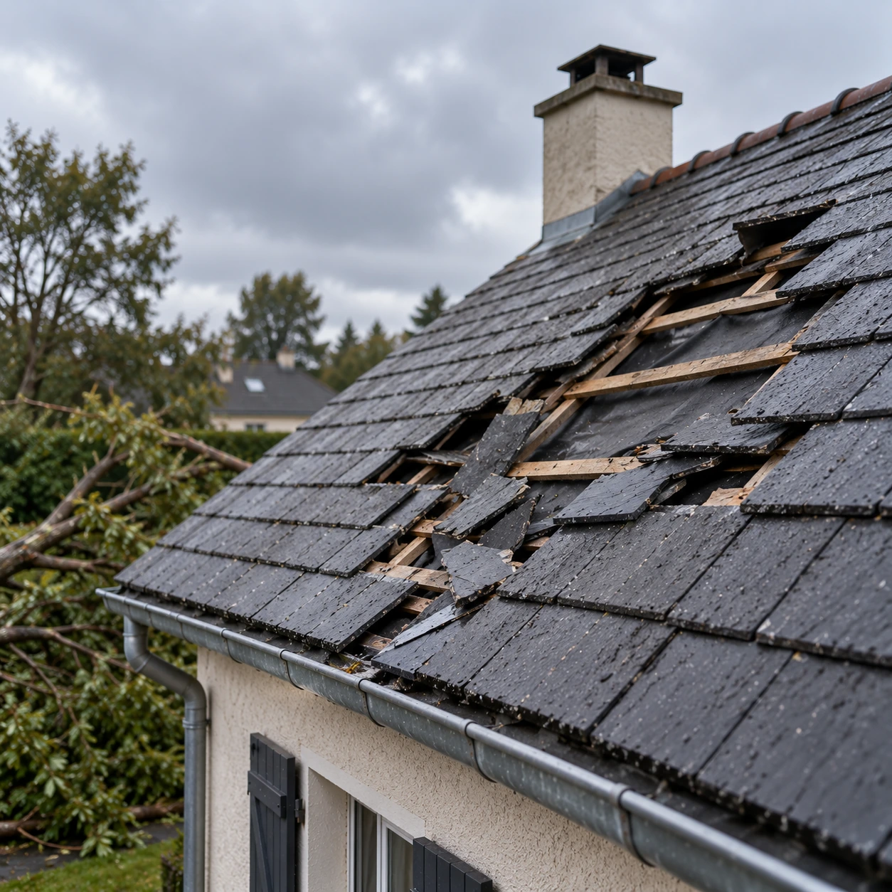 Toiture en ardoise endommagée après une tempête