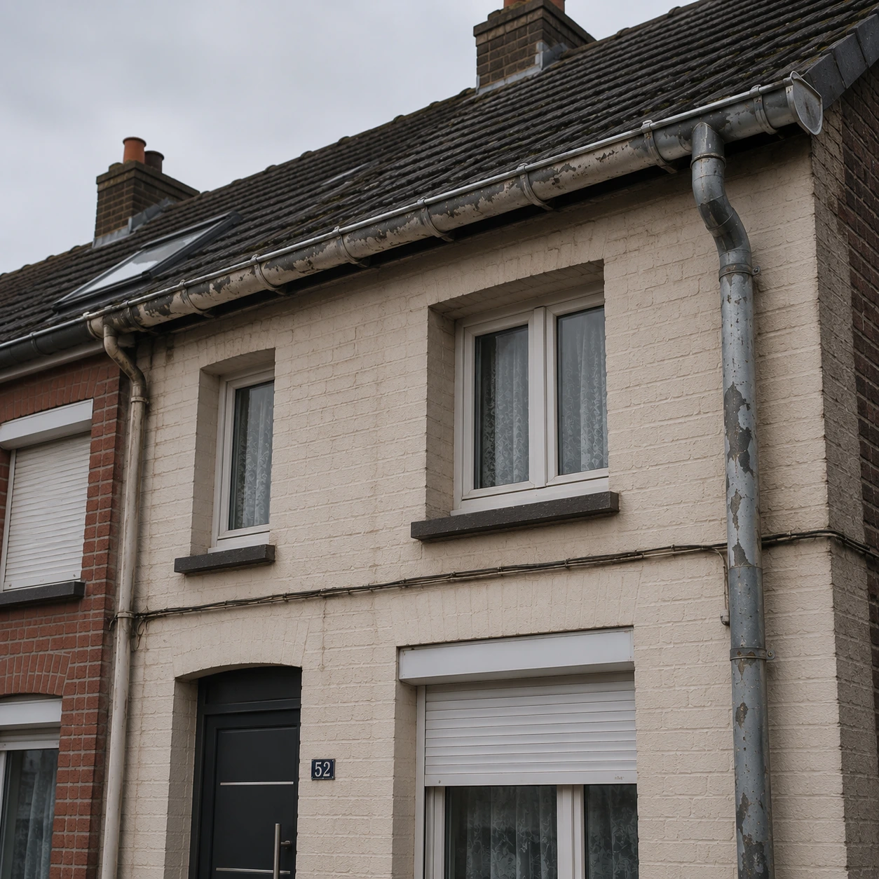 Gouttière et descente pluviale anciennes et endommagées sur une maison mitoyenne